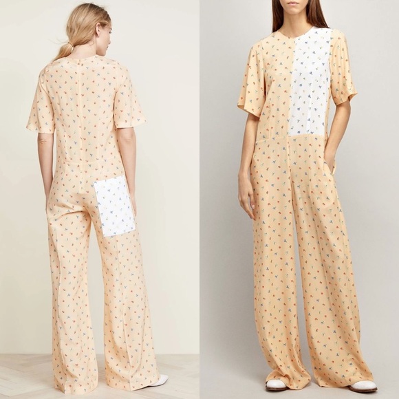 JOSEPH Silk Patchwork Colorblock Floral Print Short Sleeve Wide Leg Jumpsuit XS - Picture 6 of 9